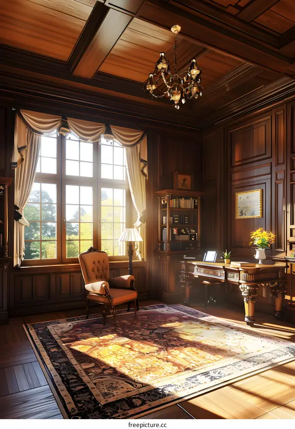 Sunlight Illuminates a Luxurious Wooden Room with an Ornate Rug and a Large Window