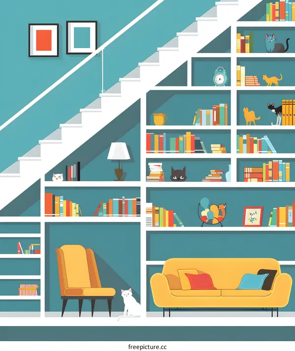 Cozy Living Room with Bookshelves and Stairs