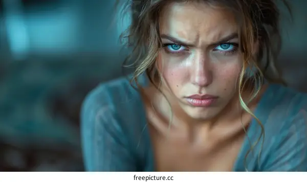 Close-up Portrait of a Caucasian Woman with a Serious Expression