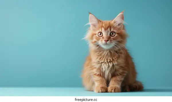 A ginger kitten sits on a blue background