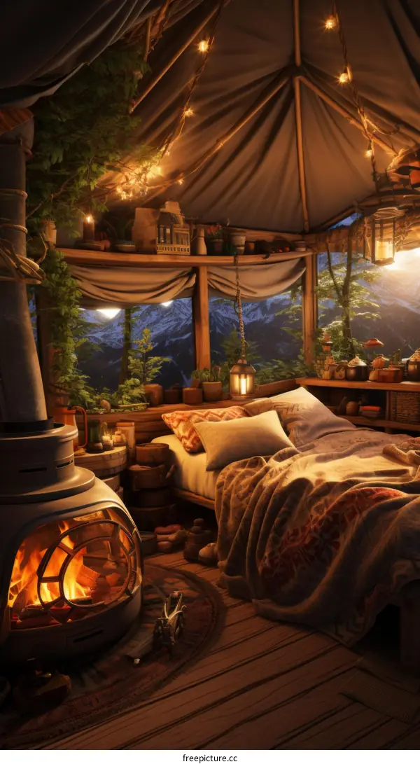Cozy bedroom interior with fireplace and view of snowy mountains
