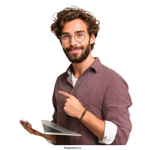 [Transparent Background PNG]Young Man Holding Laptop and Pointing