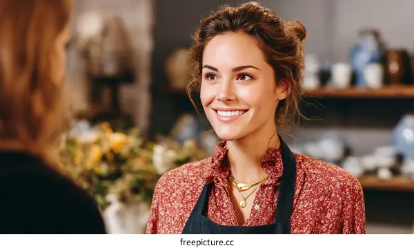 Smiling Woman in a Shop Interaction