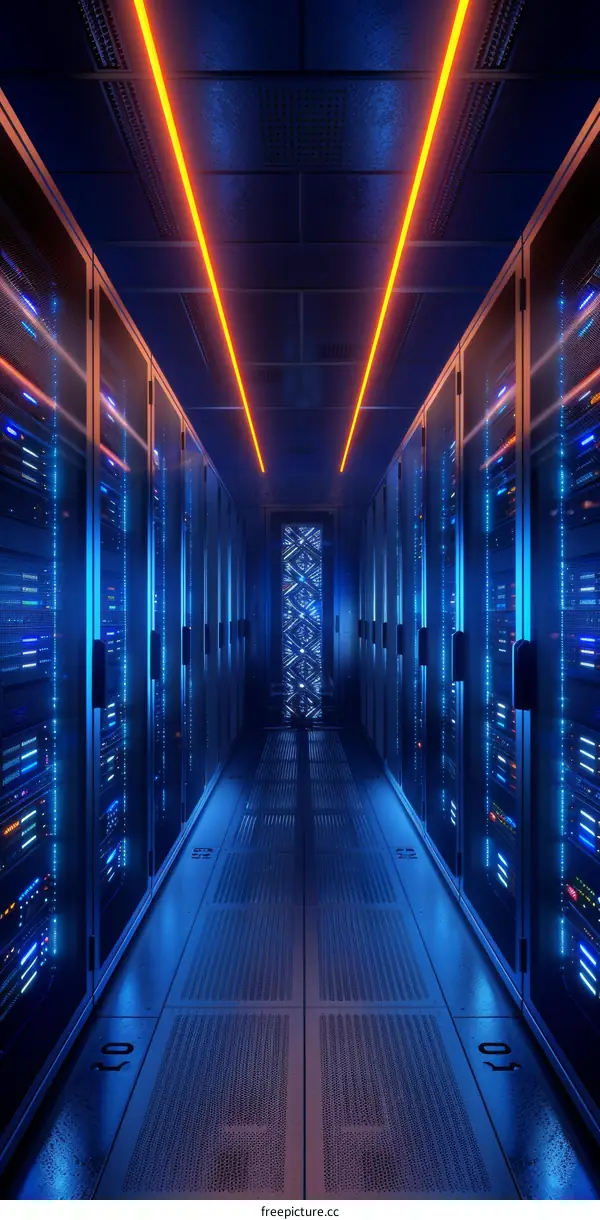 Blue and orange glowing futuristic server room