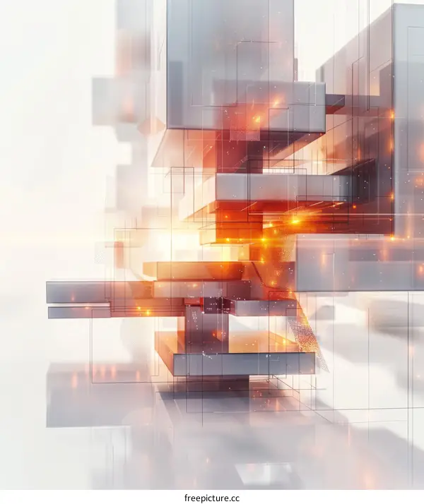 Abstract 3D rendering of glowing orange and white geometric shapes