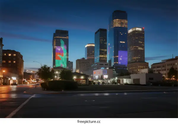 Night view of city skyscrapers with colorful lights on them