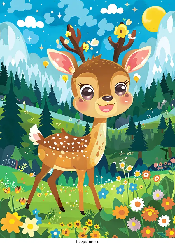 Cute Deer in the Forest with Flowers