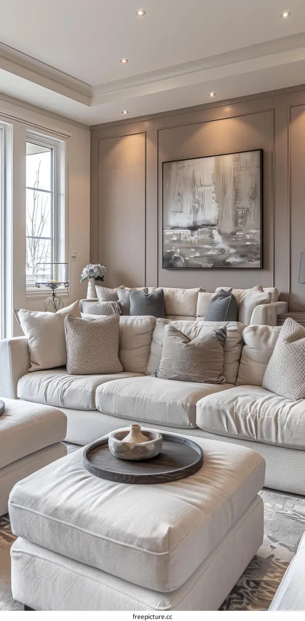 Elegant living room with large couch and ottoman