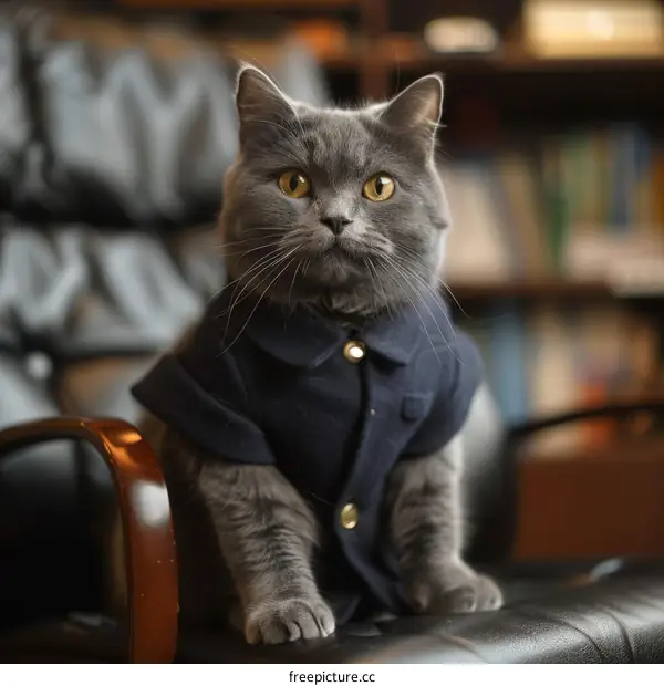 A gray cat in a suit is sitting on a chair and looking at the camera