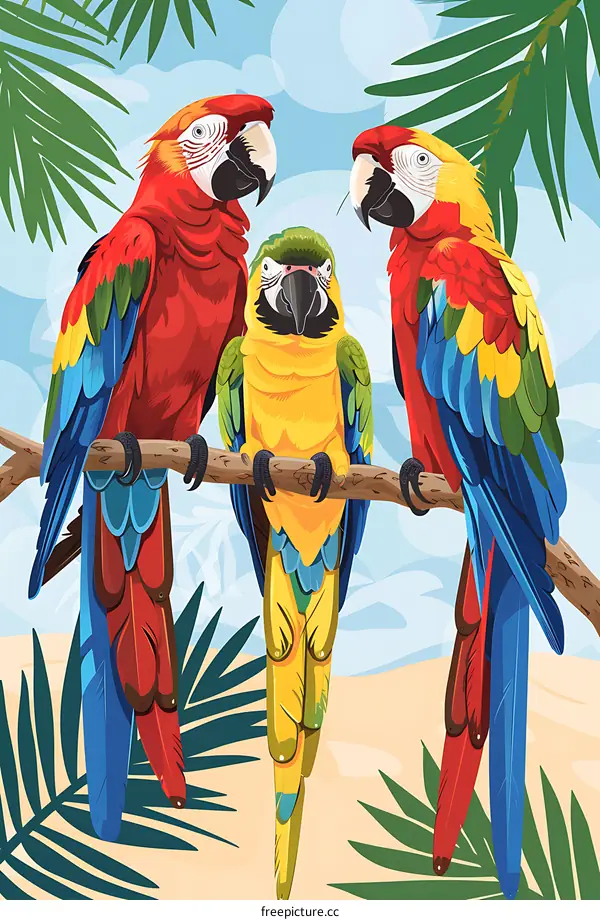 Three Colorful Parrots Sitting on a Branch in a Tropical Setting