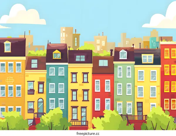 Colorful Cityscape With Houses and Trees