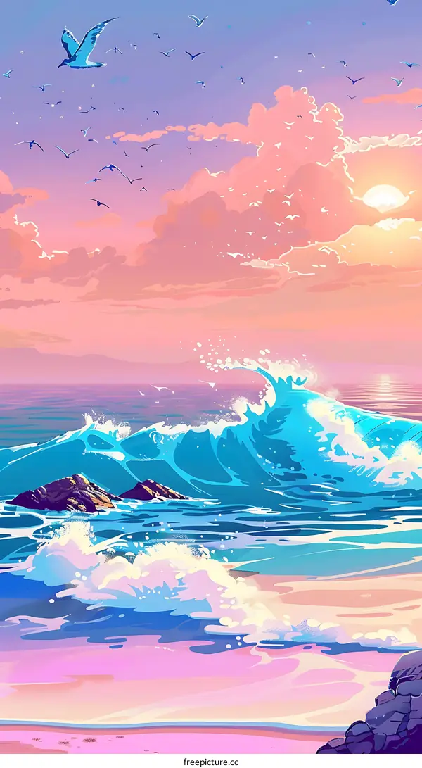 Sea Sunset Waves Art Painting Illustration