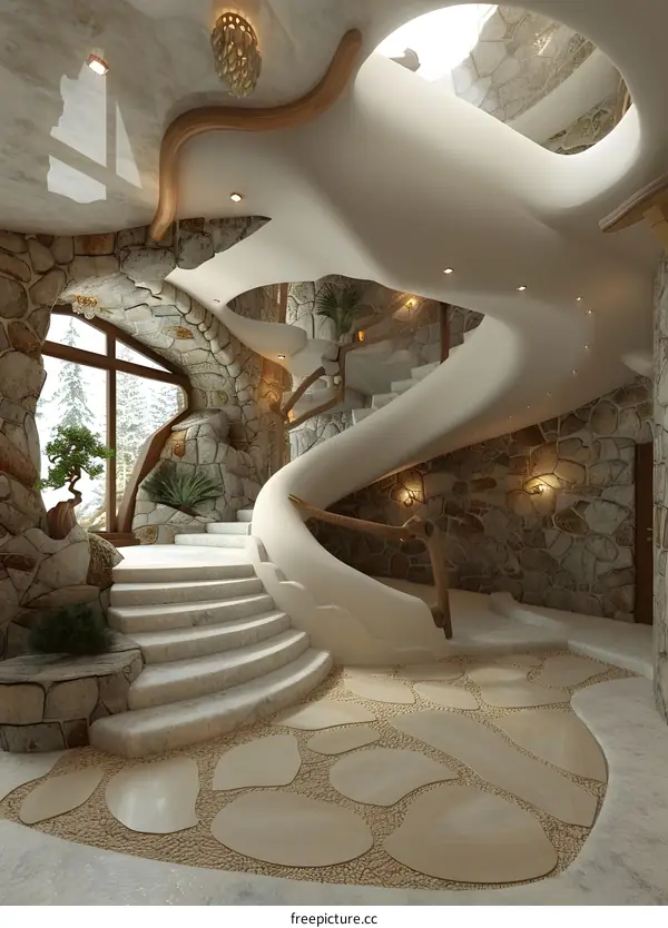 Amazing architecture with smooth stone walls and curved staircase