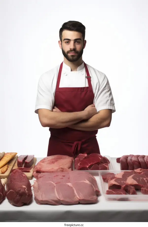 A butcher standing behind a counter full of different cuts of meat