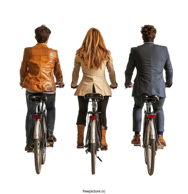 [Transparent Background PNG]Three People Riding Bicycles Back View