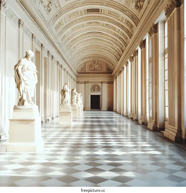Classic Hallway with Statues and Checkerboard Floor