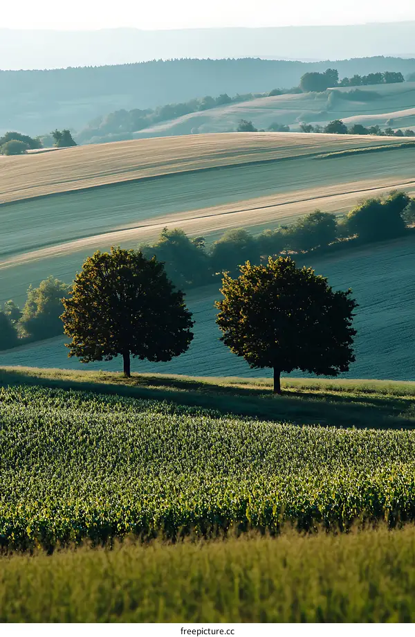 Two Trees on a Hillside with Rolling Hills in the Background