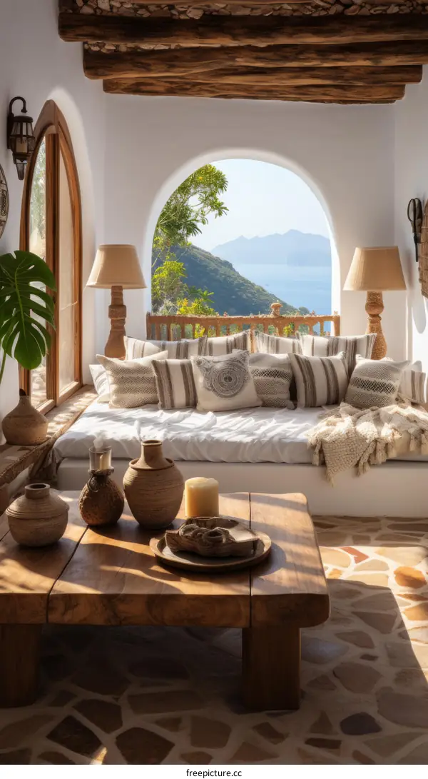 Modern Bohemian Living Room with Stunning Mediterranean Sea View