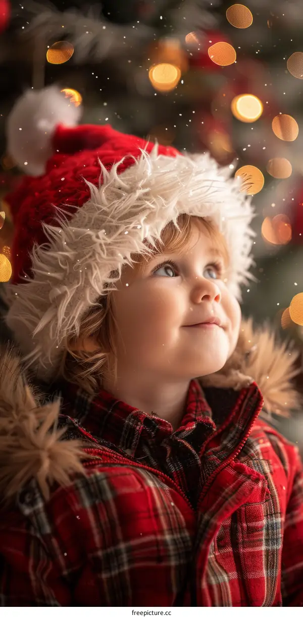 Little Boy with Santa Hat and Falling Snow