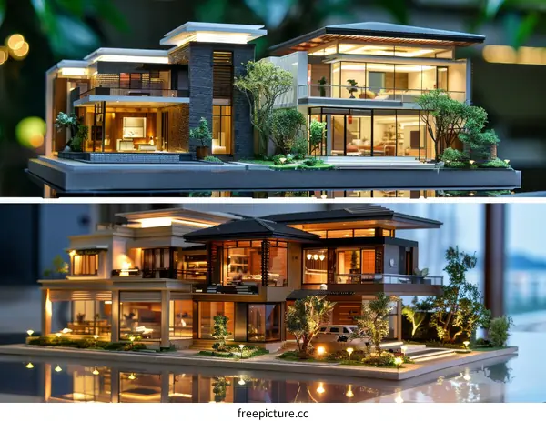 Two Modern Luxury Houses Miniature Model Display