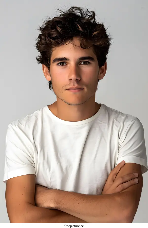 Portrait of a young man with brown hair and brown eyes wearing a white t-shirt