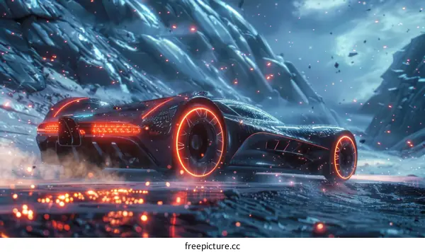 futuristic car drives through snow covered mountain pass
