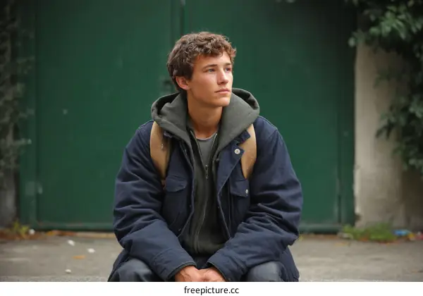 Teenage boy sitting outdoors
