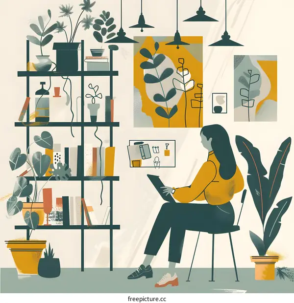Woman Working From Home Office Illustration