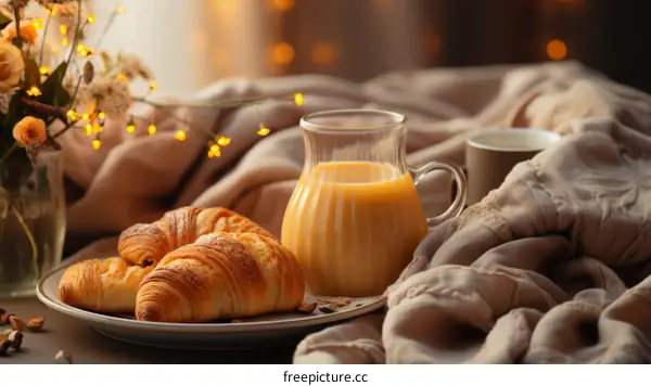 A delicious breakfast with croissants and orange juice