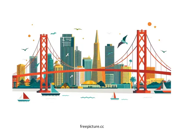 San Francisco Skyline With Golden Gate Bridge Illustration