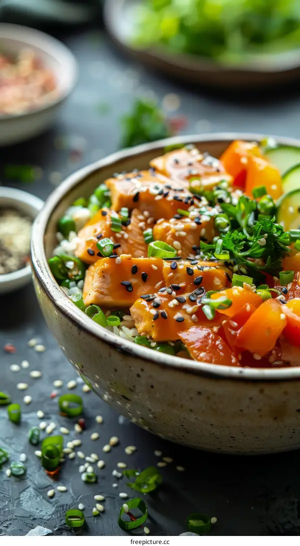 Salmon Donburi with cucumber, tomato and sesame seeds