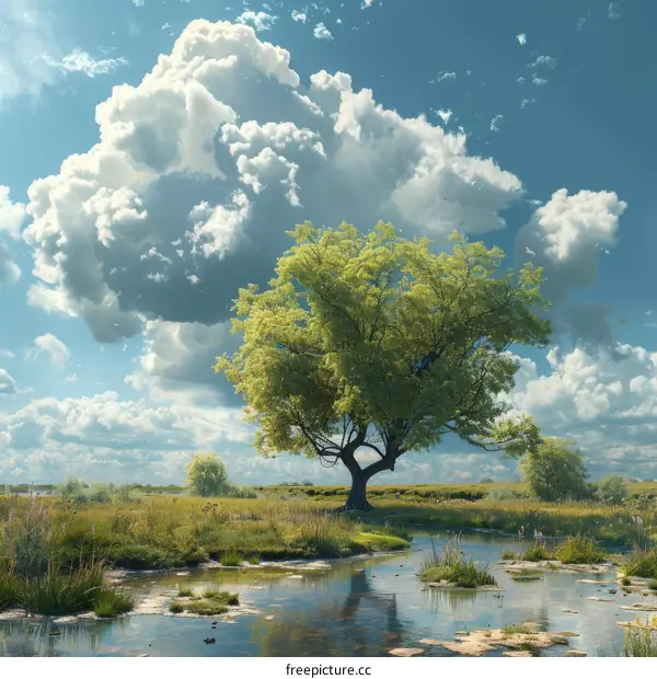 Lonely Tree in Serene Grassland
