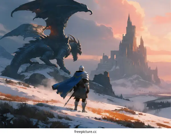 A knight in armor facing a majestic dragon near a ancient castle