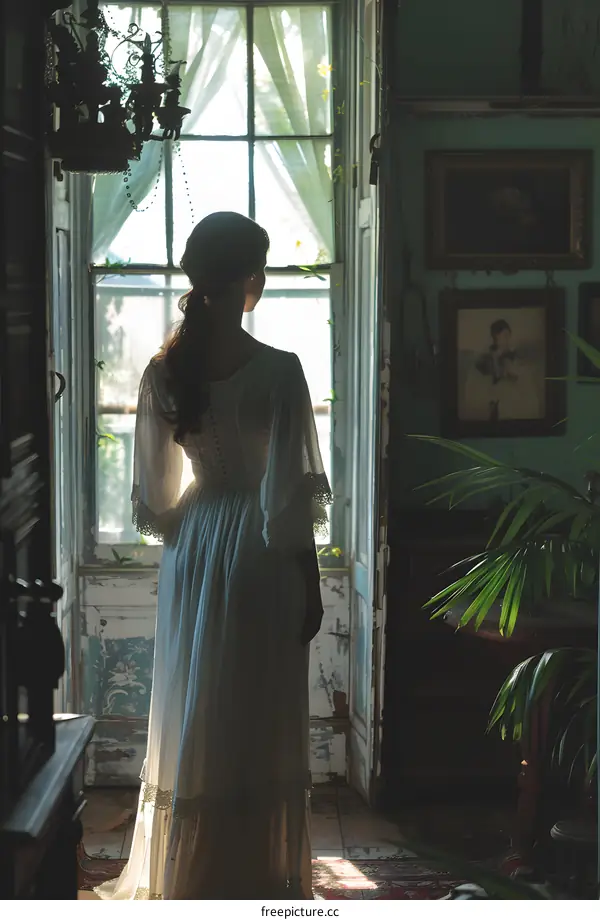 Lady in white dress standing by the window