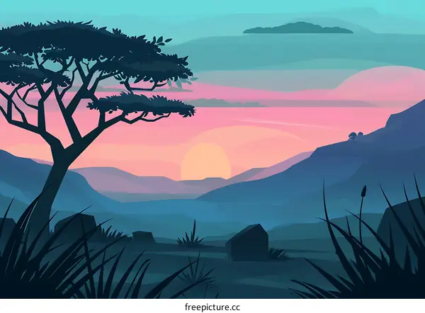 Sunset Mountain Landscape with Silhouette Tree