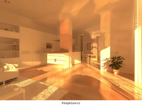 Modern Open Concept Living Room and Kitchen Design with Warm Sunlight