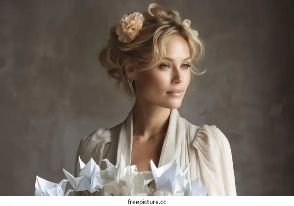 Elegant Woman with Vintage Hairstyle and Paper Cranes