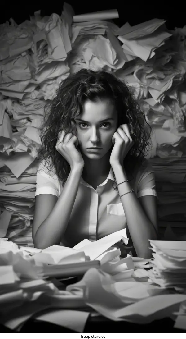 Young woman drowning in paperwork