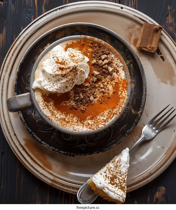 Delicious Whipped Cream Coffee with Cinnamon and a Slice of Pie