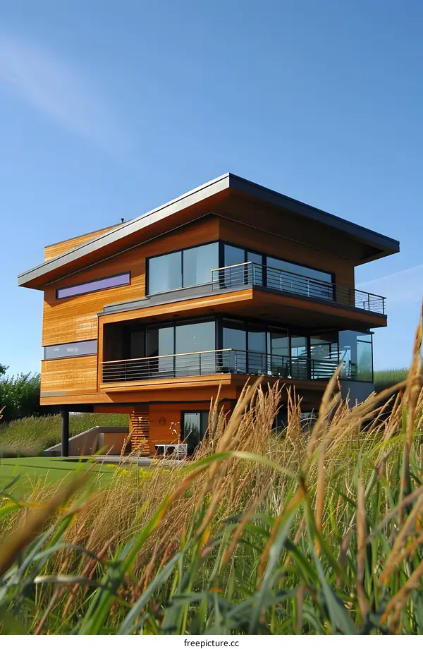 Modern Wooden House with Large Windows and Grass in Foreground