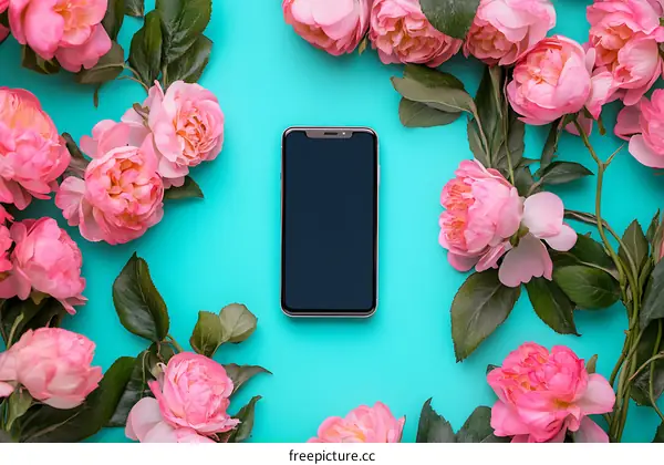 Pink Roses and a Smartphone on a Blue Background