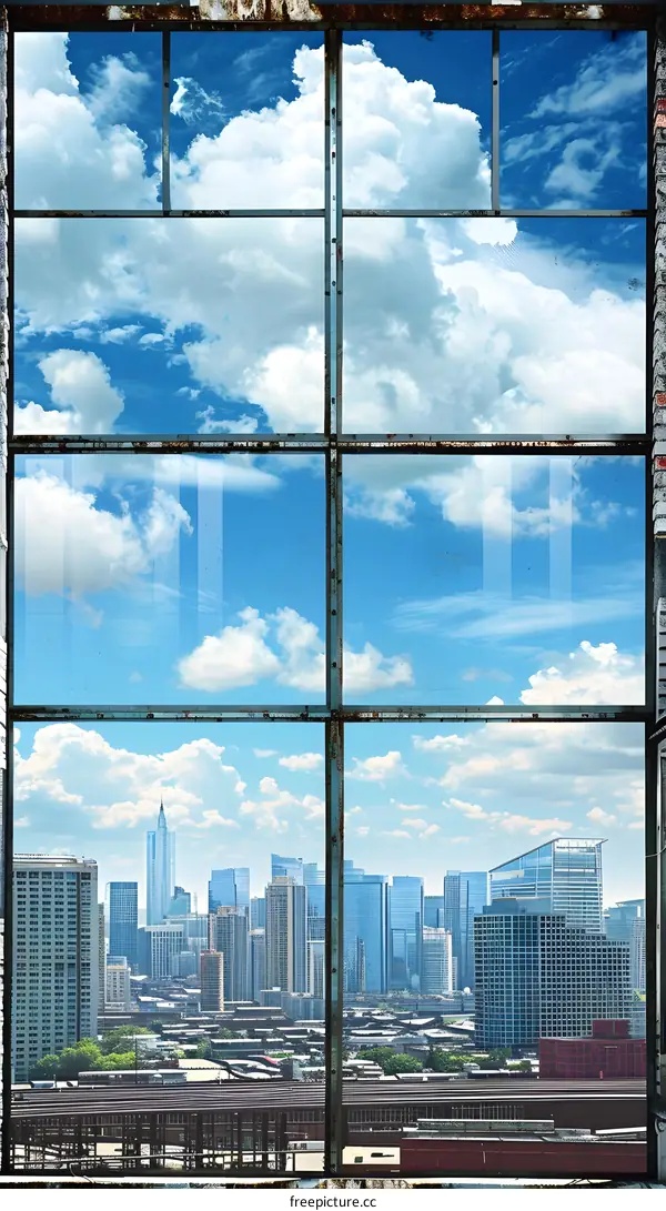 Rusty Window View of a City Skyline