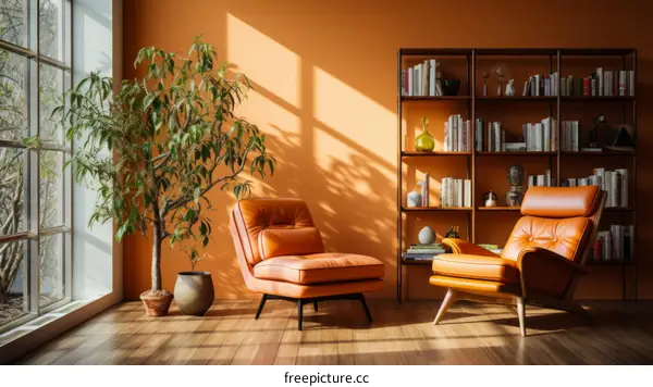 Two orange armchairs in a living room with a large plant and a bookshelf