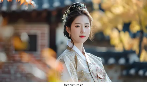 Korean Woman in Traditional Hanbok Dress Posing in Front of a Building