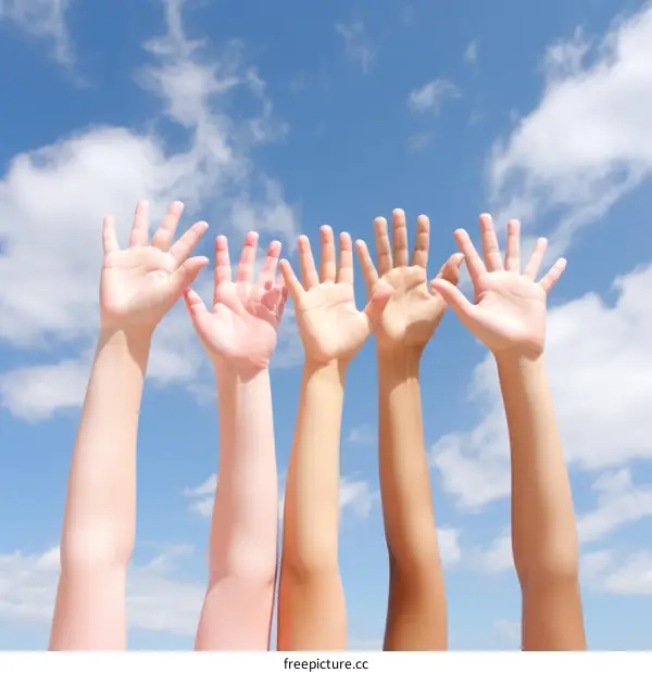 Children's hands reaching for the sky