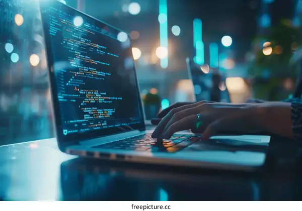 A software developer types code on a laptop in a dimly lit room with blue lights in the background