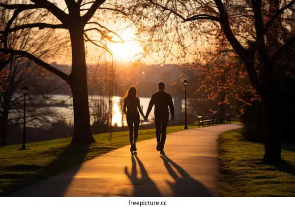 A couple is walking on a park path at sunset