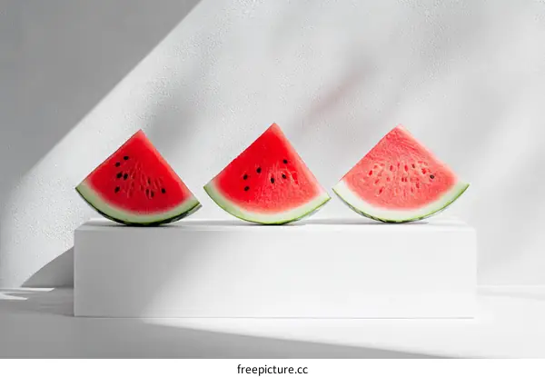Three Watermelon Slices on White Display