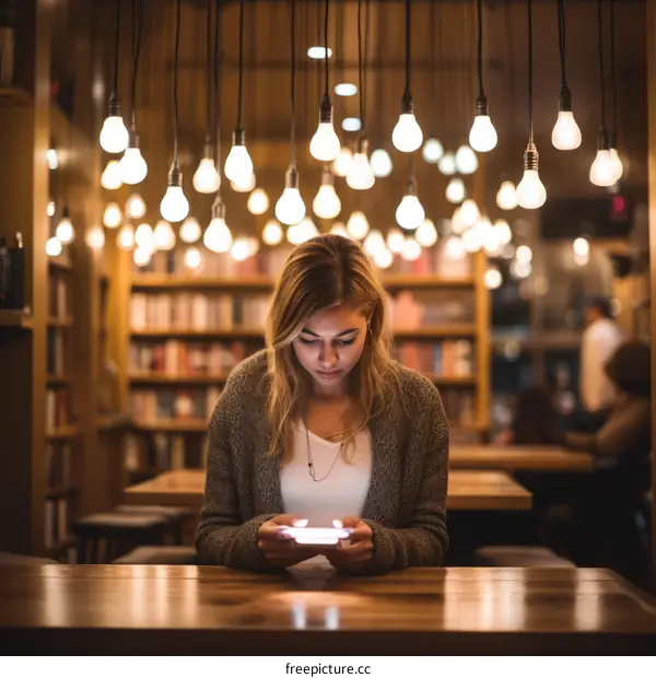 Young woman sitting in a cafe using her smartphone