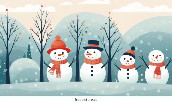 Four snowmen stand in a snowy forest with bare trees